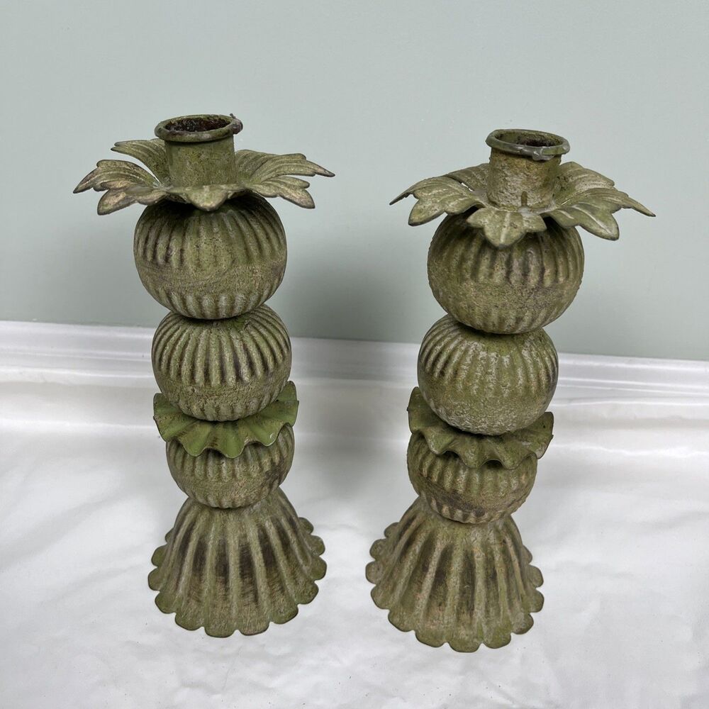 VTG Pair of Verdigris Green Metal Taper Candlestick Holders 9.5"‎ Ribbed Column